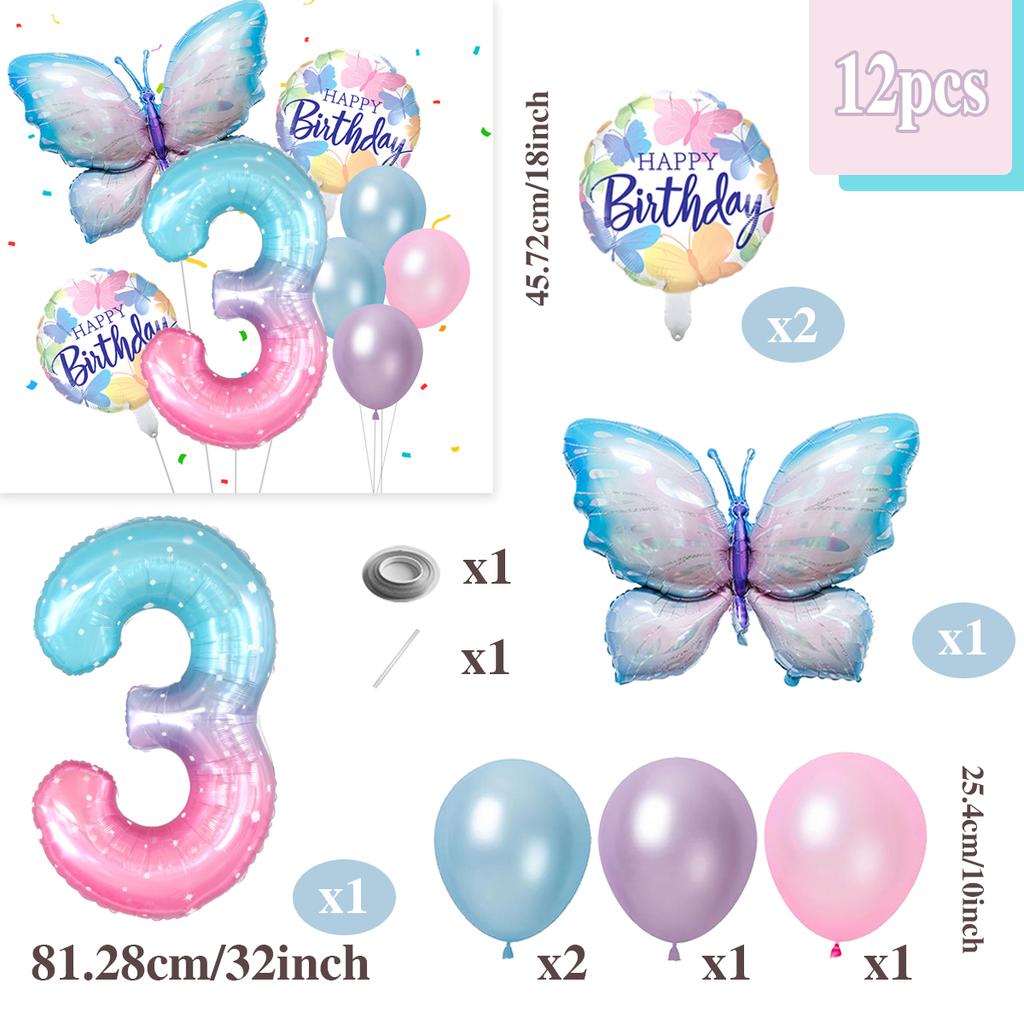 Gradient Color Digital Butterfly Balloon Set 32 Inch Digital Aluminum Foil Balloon Birthday Party Anniversary Decoration (0-9)