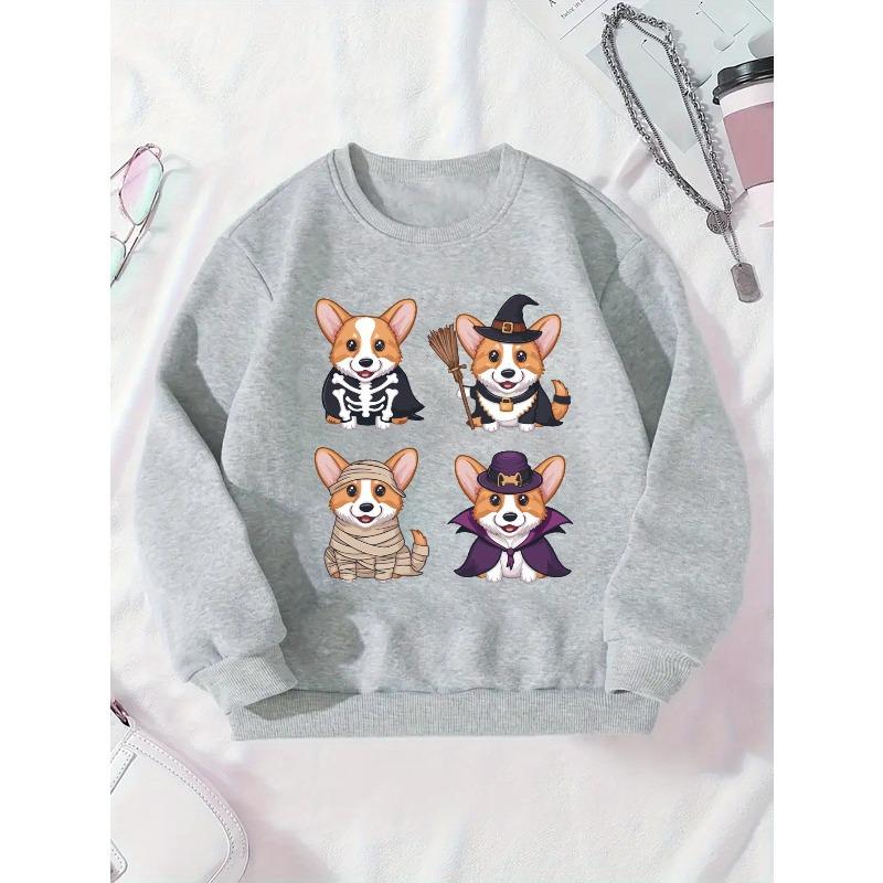 Sweatshirt with a Round Neck for Girls Featuring Four Corgis Celebrating Halloween