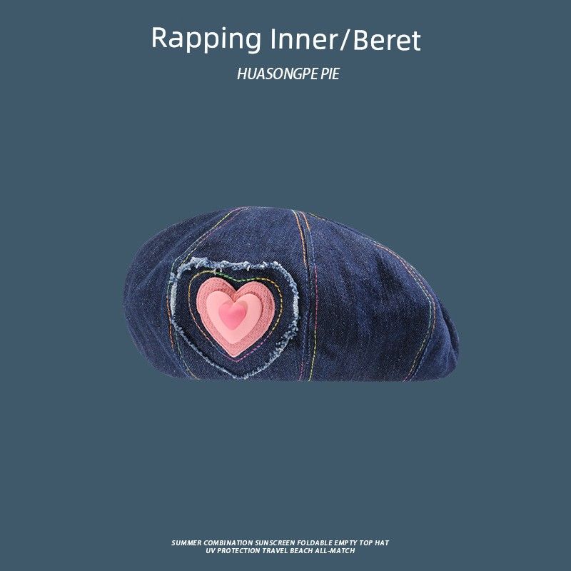 

Denim Beret Spring/Summer Lovely Heart-Shaped Niche Style All-Matching Painter Hat Fashion Travel Face-Showing Little Newsboy Octagonal Cap C2534 rough inner Denim beret navy blue M(56-58cm)