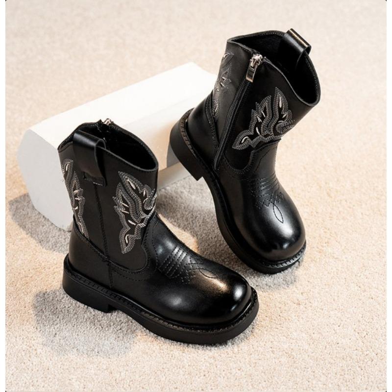 Fashion Children's PU Leather Boots Classic Western Cowboy Embroidery Girls Long Booties Kids Autumn Round Toe Retro Shoes Botas Niña