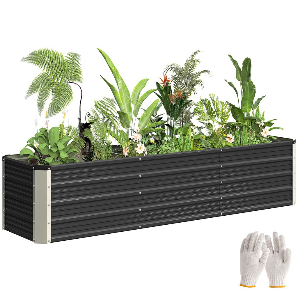 Raised Steel Garden Bed, Planter, Flower Box, Flower Pot with Gloves, Gray, 183 x 47 x 40 cm