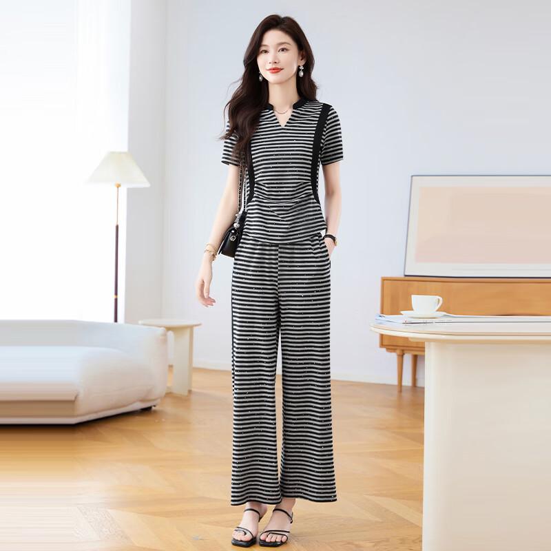 Women's Fashion Striped Wide-Leg Pants Set