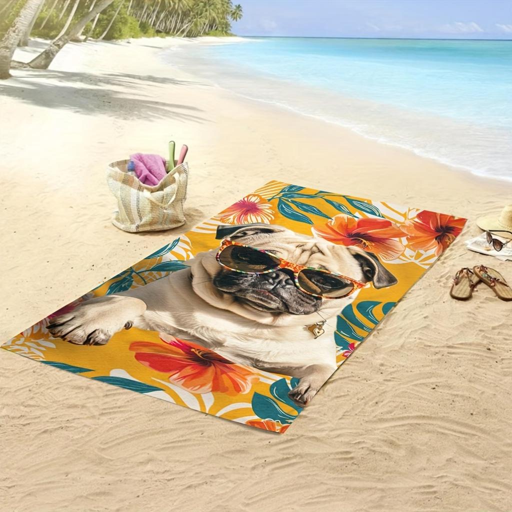 Oversized Quick-Dry Pool & Bath Towel with Pug Print Knit Fabric Machine Washable Animal Theme Towel for Adults Extra Soft