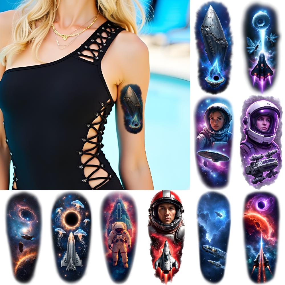 12 peças de Tatuagem Temporária Tatuagens Temporárias Realistas Galáxia Nebulosa Nave Espacial Para Homens Mulheres Costas