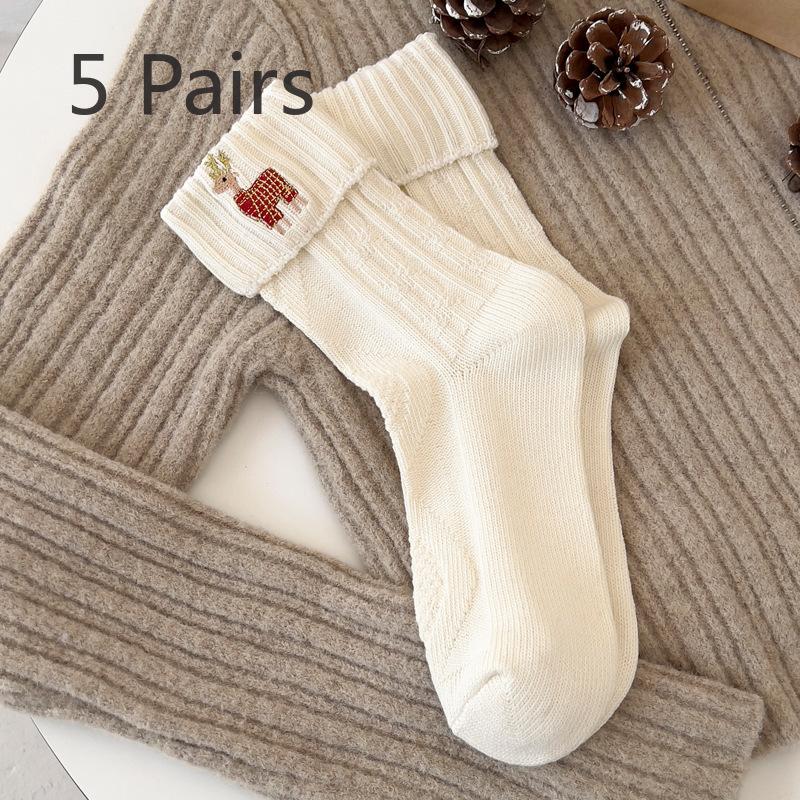 

5 пар женских осенне-зимних носков с милой вышивкой и рисунком на Новый год и Рождество 5 Pairs кремовый/красный