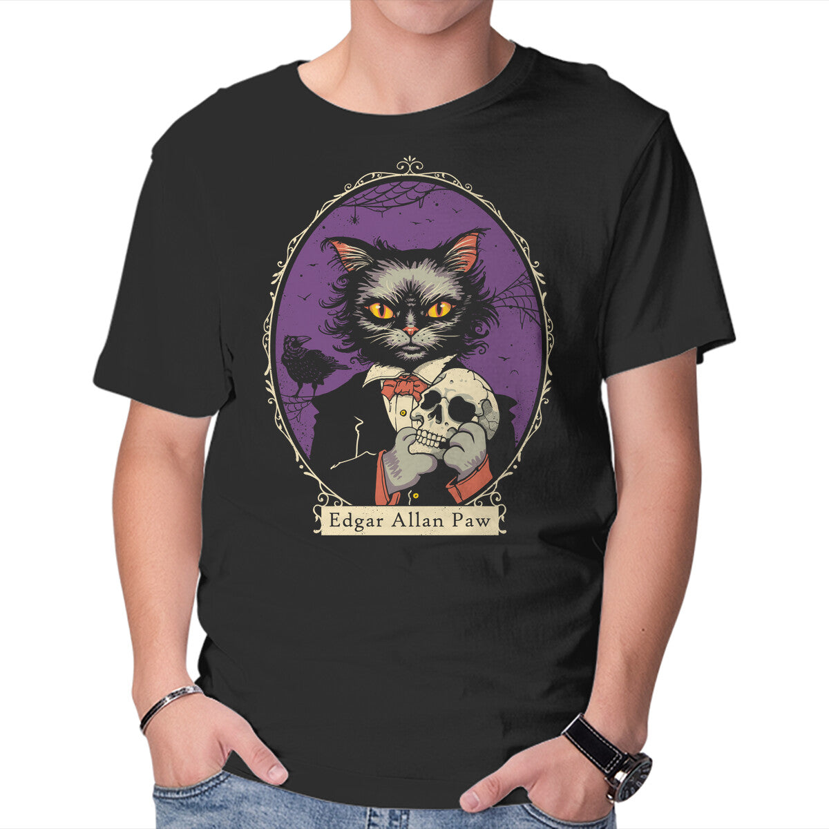 Unisex Crew Neck T-Shirt Edgar Allan Paw Graphic Short Sleeve Casual Tee L
