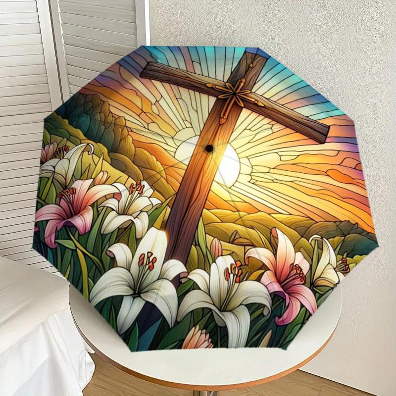 

1pc Stained Glass Cross with Lilies Umbrella with Plastic Handle,Suitable for All Seasons Home Travel Outdoor UmbrellaDD364