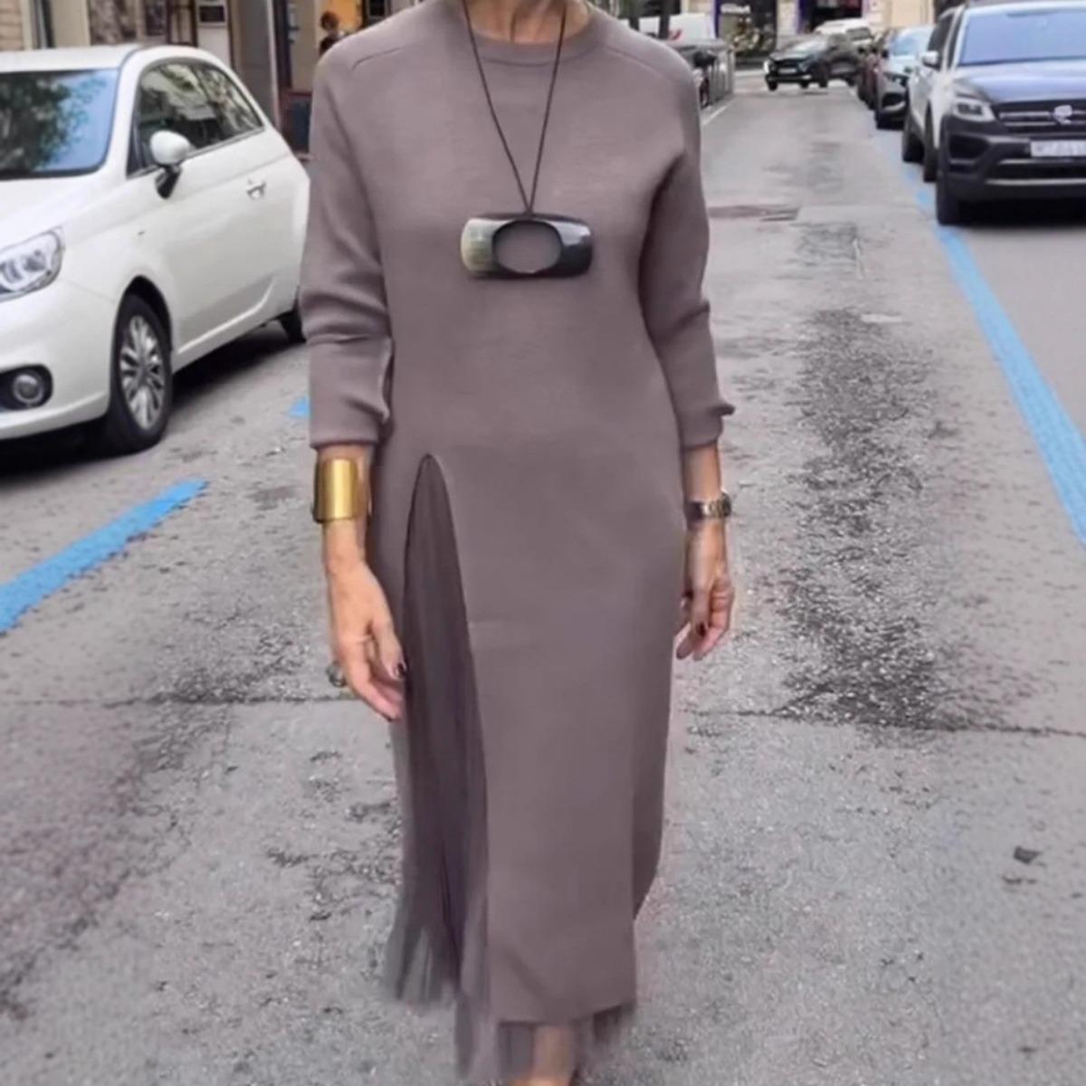

Fall Winter Women s Round Neck Knit Slit Patchwork Mesh Casual Dress INS Hot Sale Crossborder Independent Station 3XL верблюд