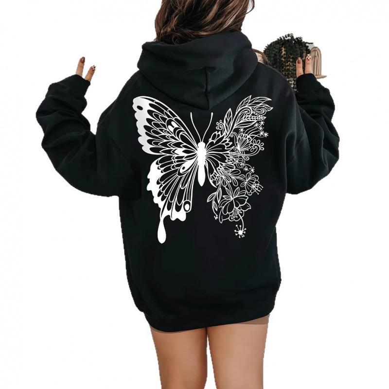 Women's Casual Polyester Hoodie with Butterfly & Floral Print, Fashionable Long Sleeves