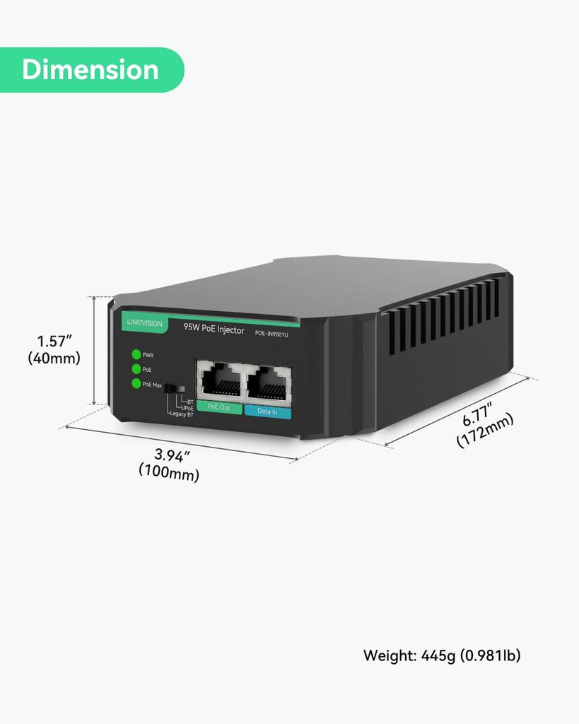 LINOVISION Gigabit 90W PoE kompatibilní se standardním a starším PD injektorem pro PTZ VoIP telefony s vysokou spotřebou Injektor 802.3bt, nestandardní