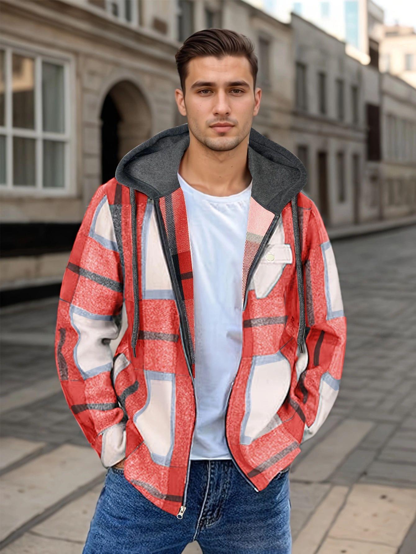 

Men s Checkered Hooded Zip-Up Jacket, Mid-Length Casual Coat with Multiple Color Options S красный