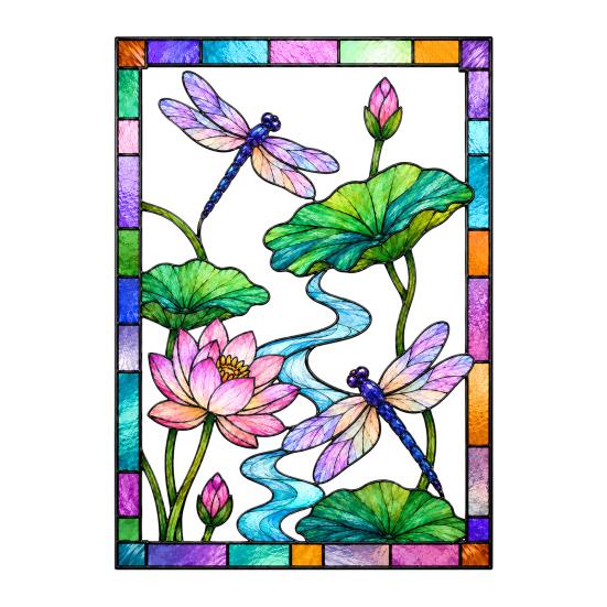 Waterproof Window Film Dragonfly Lotus Stained Glass Style Cling, Rainbow Suncatcher Static Pattern Decal, Privacy for Home Door Balcony Bathroom