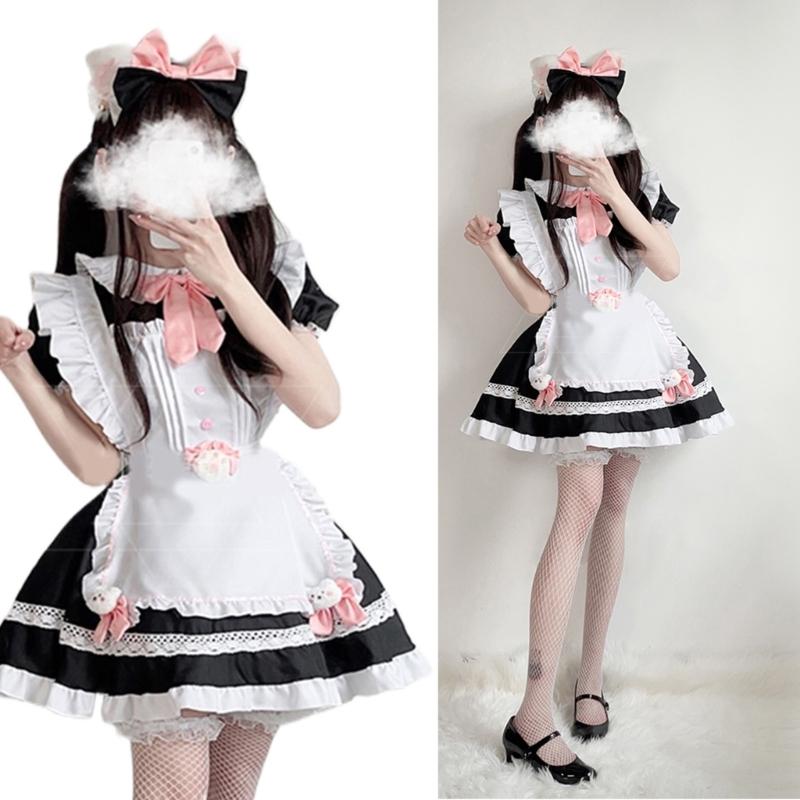 Sweet Maid Outfit Women Anime Maid Costume Fancy Dress Cosplays Costume Maid Dress with Sock Headwear Apron Bustel