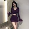 Autumn and winter new pure desire purple mesh V-neck top skirt two-piece set thin sexy hip-wrap skirt