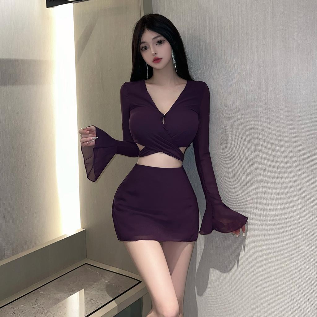 Autumn and winter new pure desire purple mesh V-neck top skirt two-piece set thin sexy hip-wrap skirt