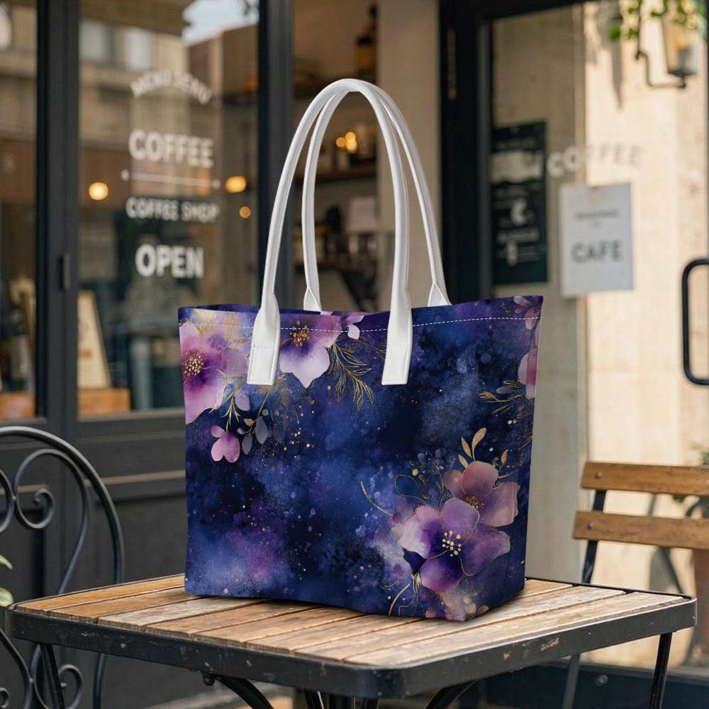 Purple Floral Tote Bag Fashion Casual Portable Shoulder Bag for Daily Use