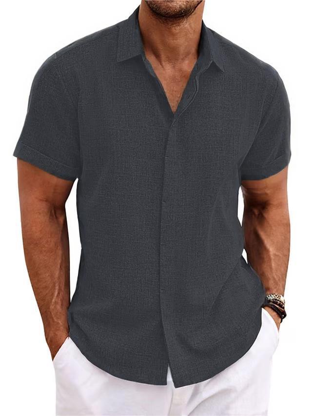 2025 Men's Plus Size Loose Cotton Linen Short-sleeve Solid Beach Shirt