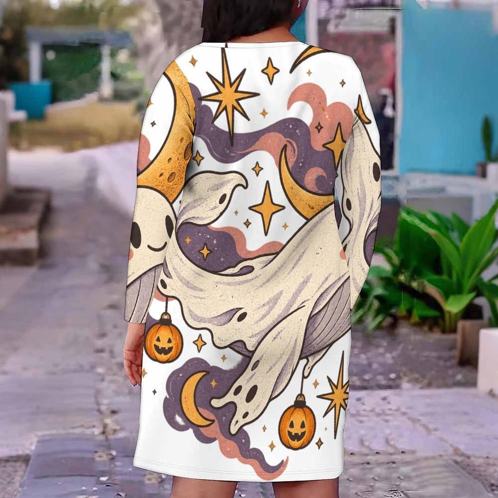 Women Plus Size V Neck Long Sleeve Halloween Ghost Pumpkin Printed White Fitted Straight Dress
