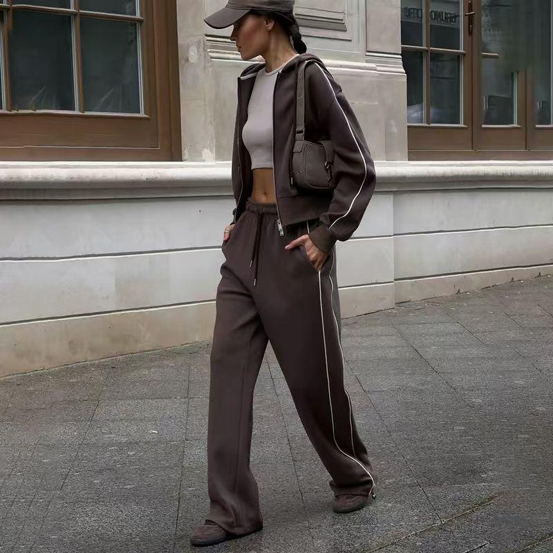 

Western Style Fashion Stripe Double-Headed Zip-up Hoodie Pants Two-Piece Set Zipper Top and Pants Set Curry L