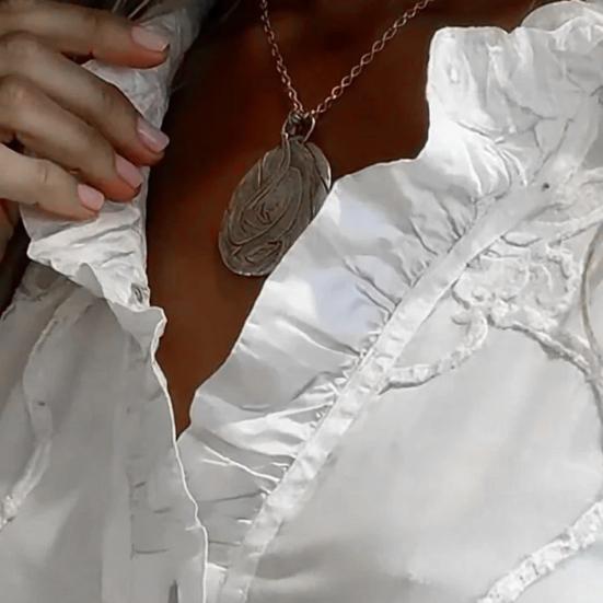 Women Shirt V-Neck Lace Trim Long Sleeve Pullover Tops Pure Color Embroidery Flower Pattern