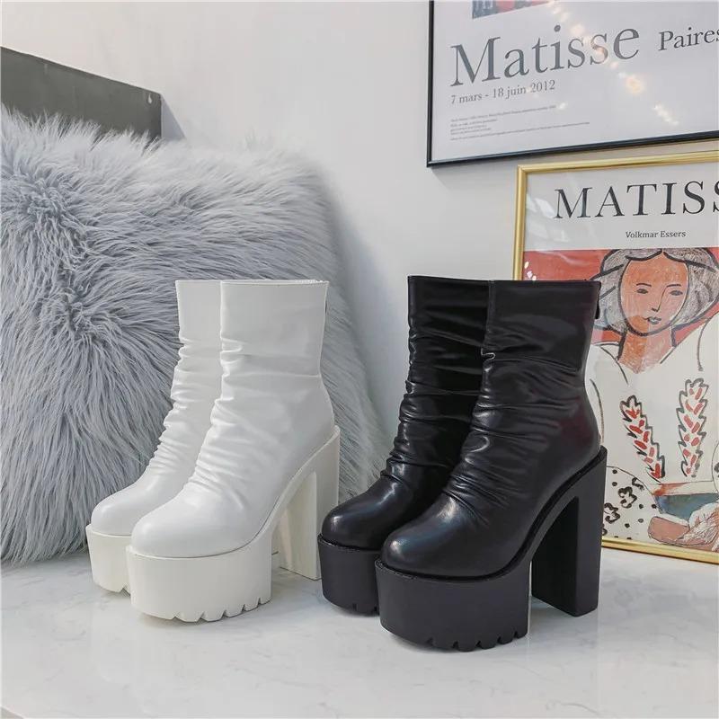 2025 Winter Women's Boots Waterproof Platform Fold Surface Zipper Thick Heel Short Boots Casual Fashion Shoes