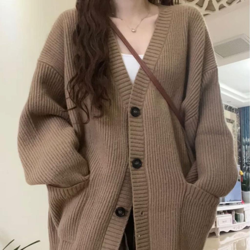 Korean V-neck Lazy Style Cardigan, Japanese Minimalist Sweater, Women's Spring, Autumn, Winter Casual Loose Knit Sweater