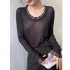 Women's Slim Fit White Lace Patchwork Long Sleeve Top