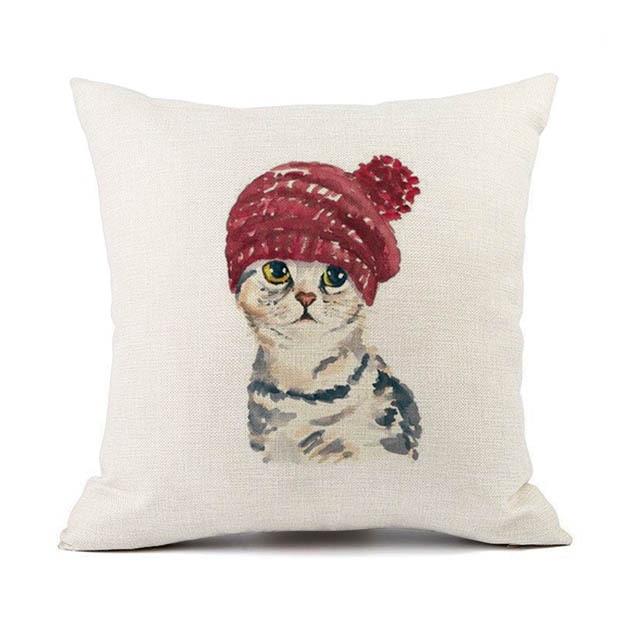 European Linen Cat Print Sofa Pillow Cover