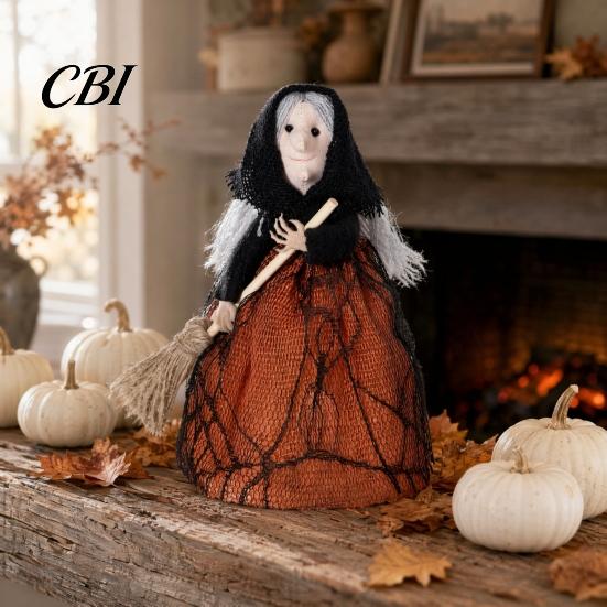 Layered Fabric Witch Figure Halloween Kitchen Doll, Small Statue with Broom, Handmade Ornament Tabletop Party Decoration for Table Fireplace