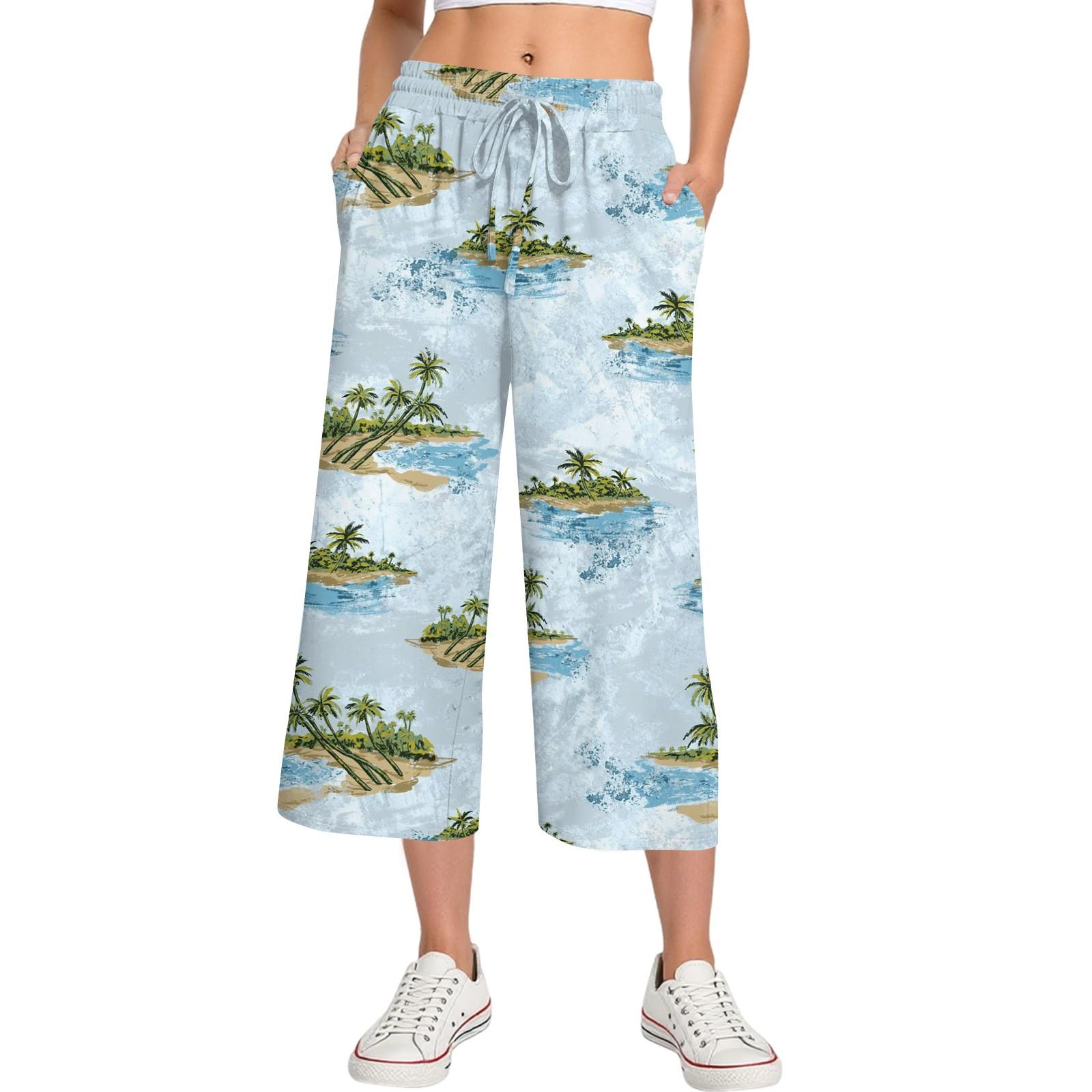 

Жіночі літні повсякденні спортивні штани з принтом з високою посадкою, укорочені штани вільного крою L