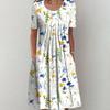 Mode Kurzarm Print Rundhals Damen Sommerkleid Tasche Floral Lässig Schlicht A-Linien Party Mittellanges Kleid Slim Fit Plissiert Locker Kleidung