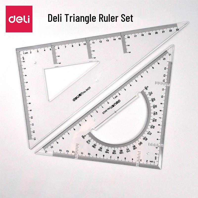 Deli 6425 23cm Transparent Triangle Ruler Set for Students - Ideal for Drafting and Measurements