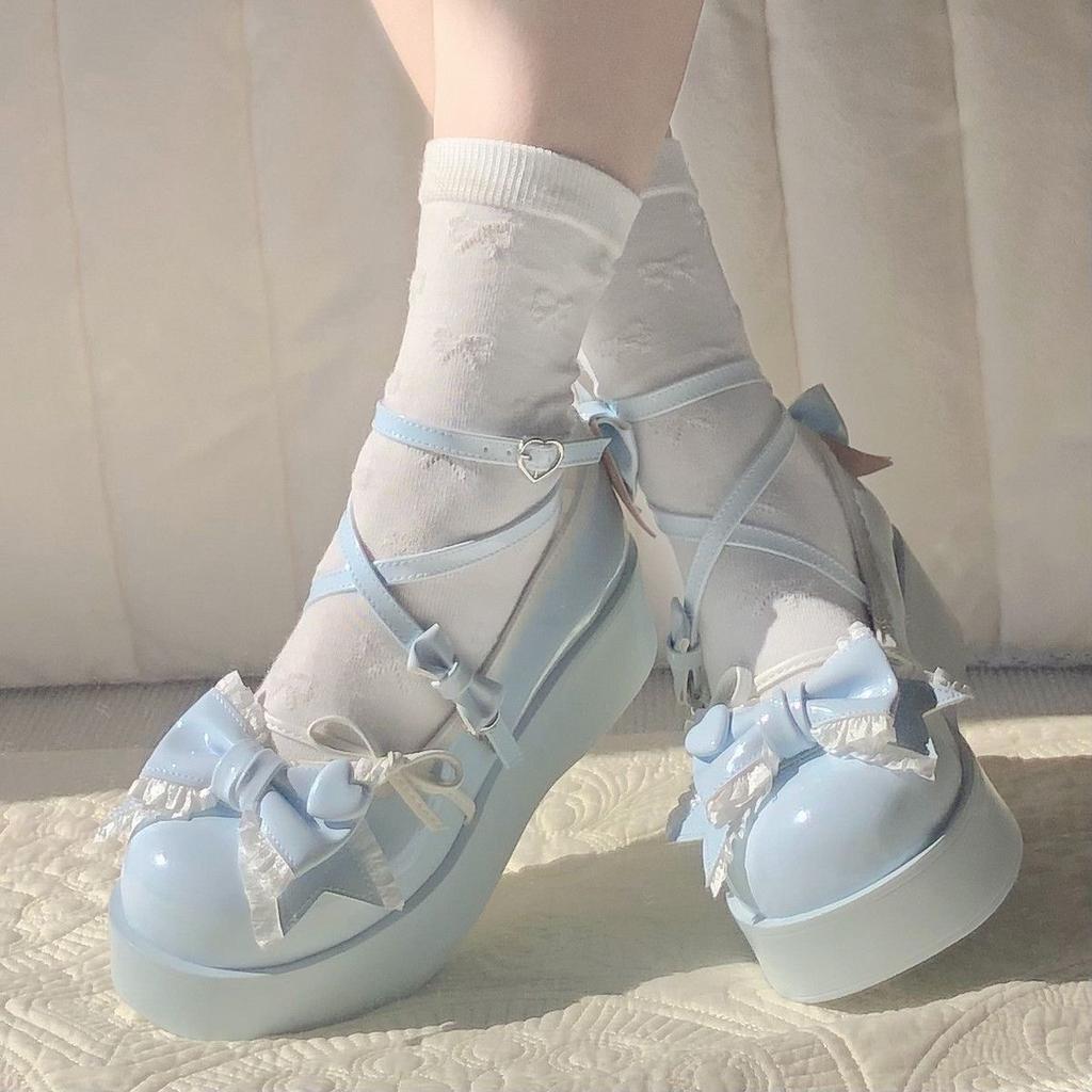 Lovely Girls Lolita Flats Platform Shoes,Students Sweet Heart Bowknots Cross Tied Mary Janes