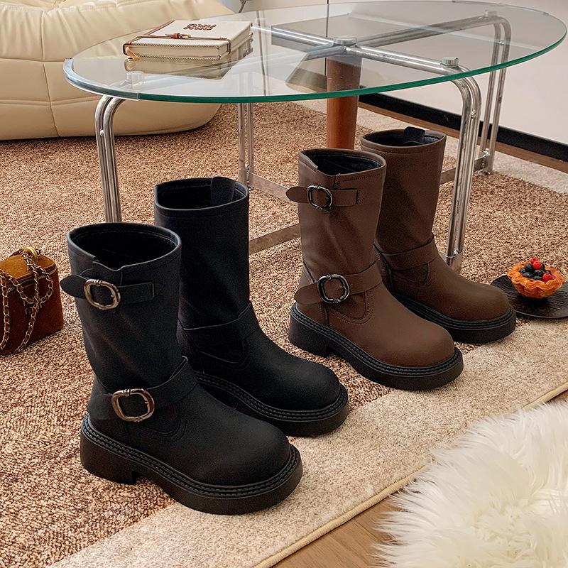 Genuine leather~~ inner height increase new retro Martin boots popular women's autumn metal buckle thick heel thick bottom western pile boots