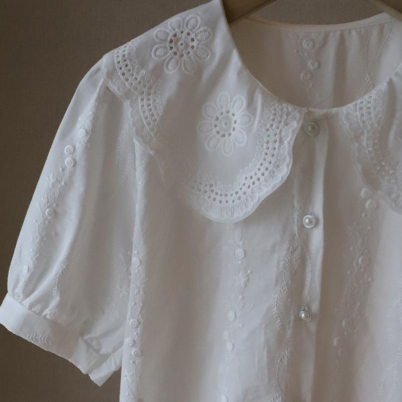 2025 Summer Korean Style Peter Pan Collar Jacquard Puff Sleeve Women's Shirt