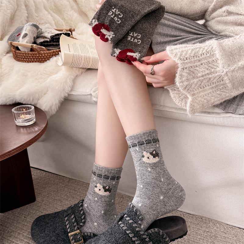 Heel Big Cat Socks, Women's Autumn and Winter Woolen Women's Socks, Thickened Warm Long Socks, Fluffy Mid-calf Socks