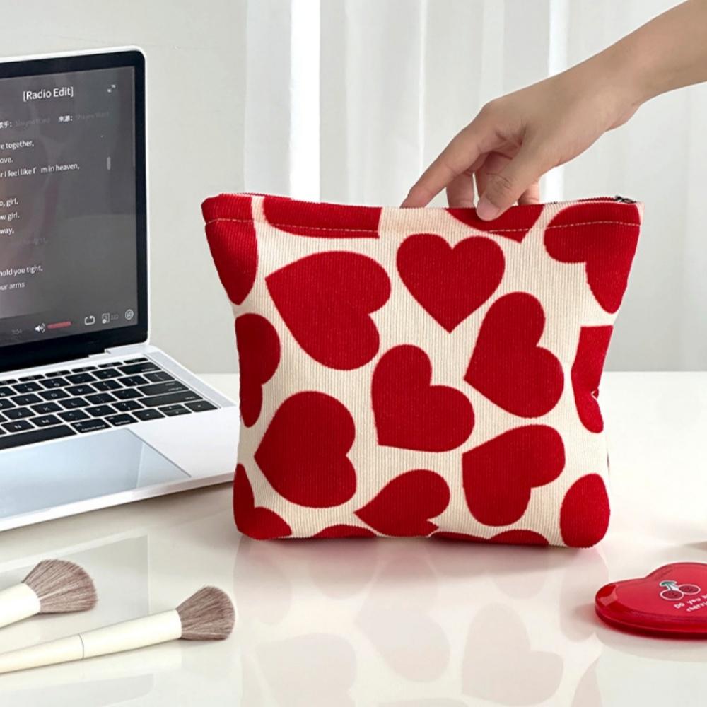 Heart Cosmetic Pouch Handheld Lipstick Storage Case Portable Makeup Bag Fashionable Red Corduroy Makeup Bag For Makeup Daily