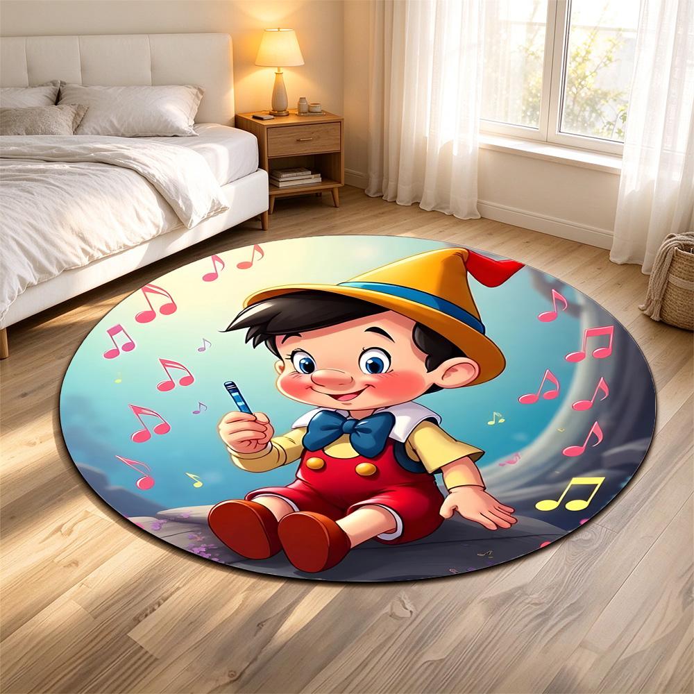 Round Rug Pinocchio Pencil Pink Music Notes Red Overalls Feather Hat Fairy Tale Decor