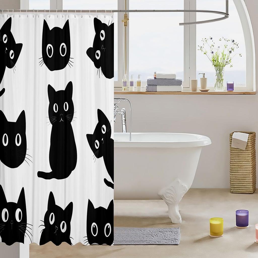 Black Cat Shower Curtain Pet Cats Bathroom Accessories Kitten Cute Halloween Gothic Kids Girls Boys White Black Waterproof Bath