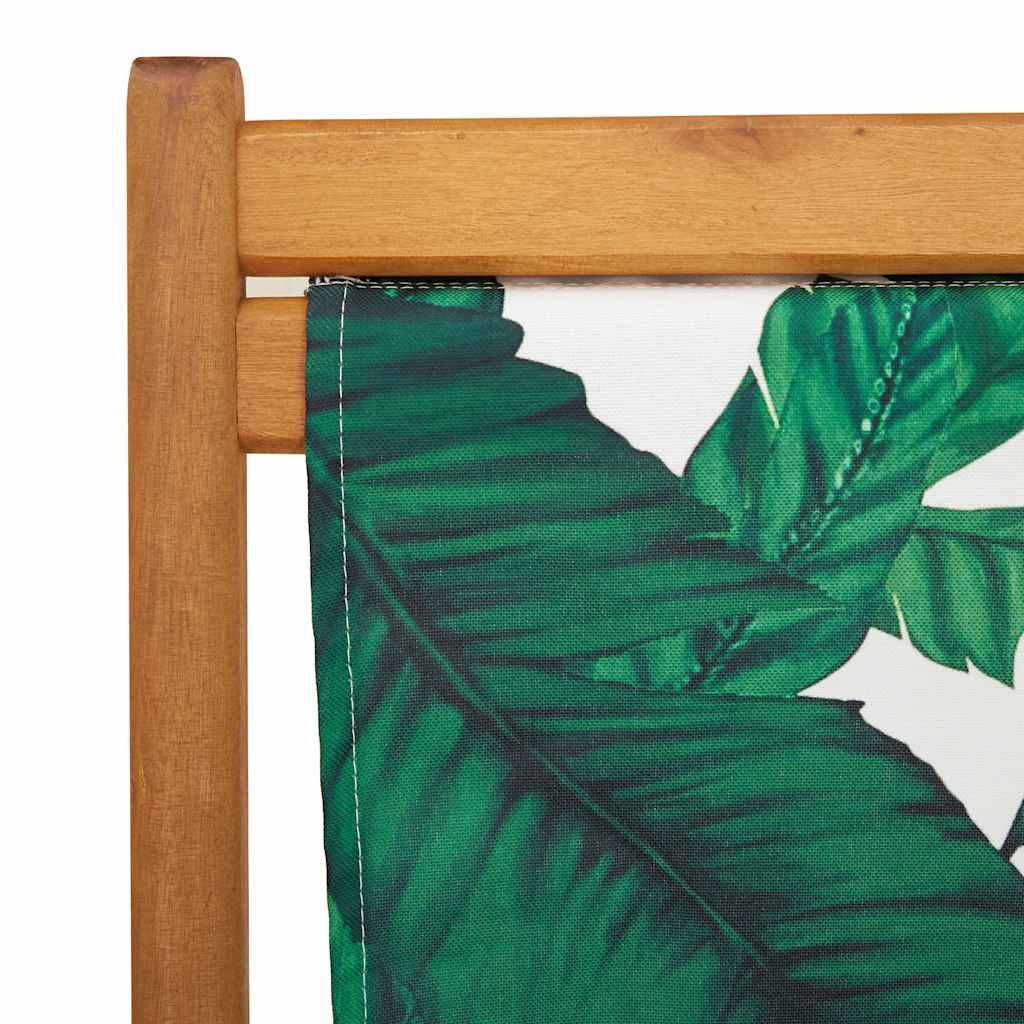 Folding Beach Chair with Leaf Pattern Solid Eucalyptus Wood Frame and Fabric