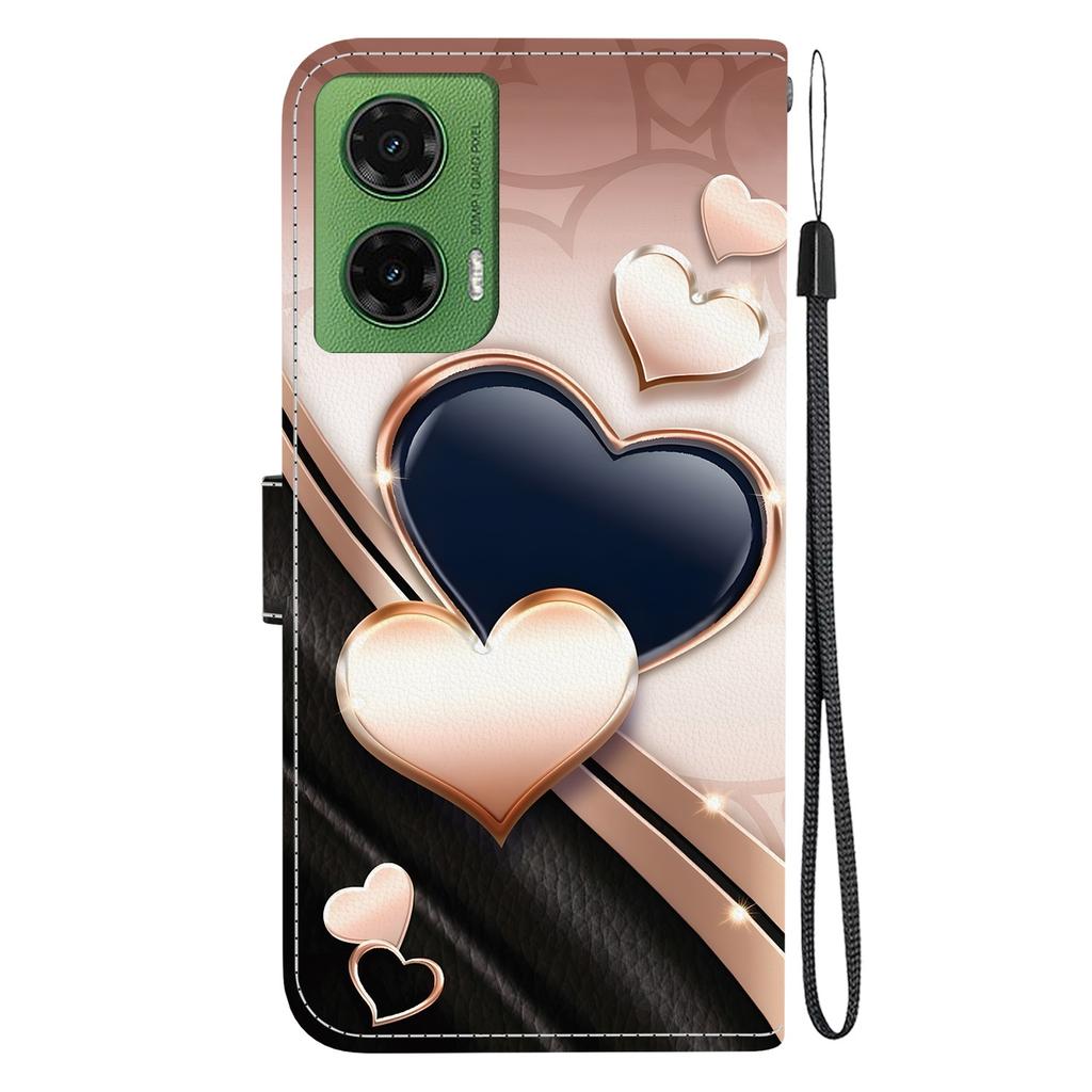 Handmade PU Leather Flip Case for Motorola Moto G35 Anti-Slip Shockproof Cover with Wrist Strap & Heart/Rose Cat Designs