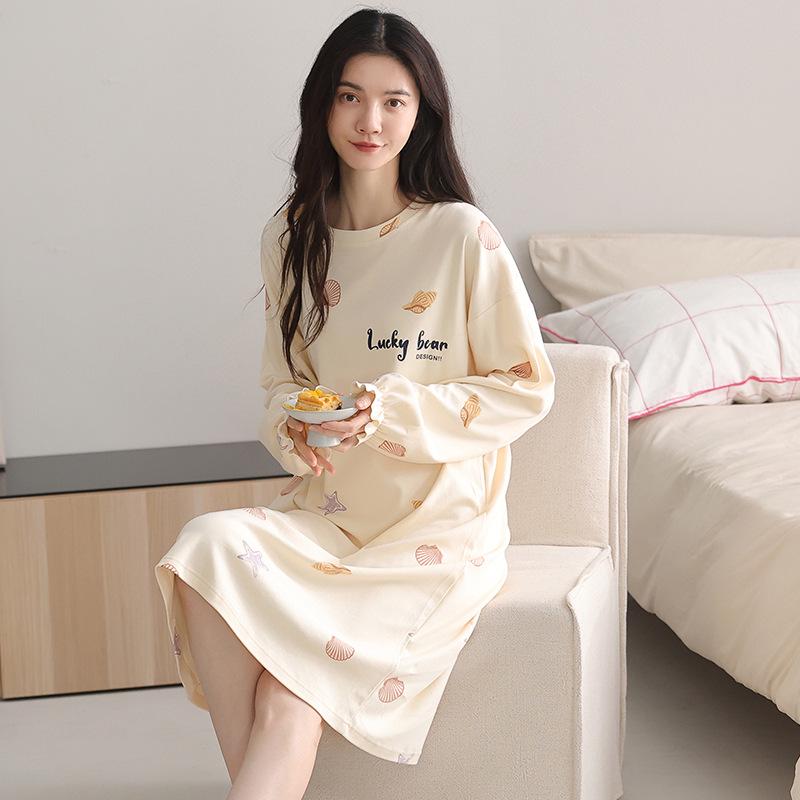Damen Süßer Stil Langarm Mittellang Baumwoll-Nachthemd für Herbst