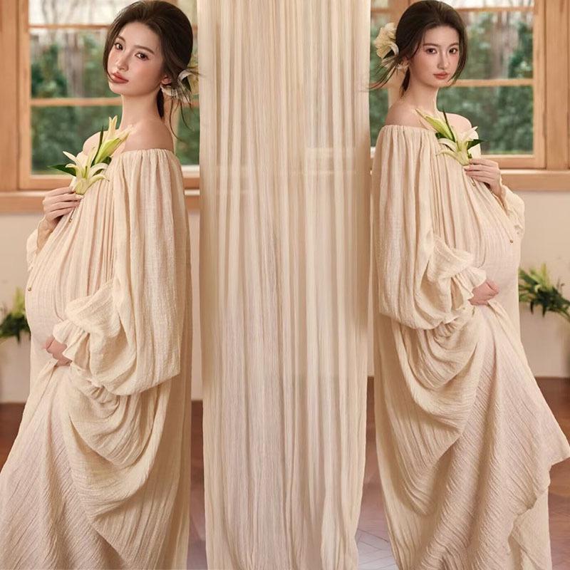 Retro French-Inspired Artistic Maternity Photoshoot Dress One Size