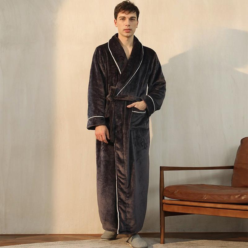 Men's Shawl Collar Robes Full Length Fleece Plush Bathrobes Soft Spa House Coat with Pockets Fluffy Spa Robes Winter Warm Flannel Long Robe for Men