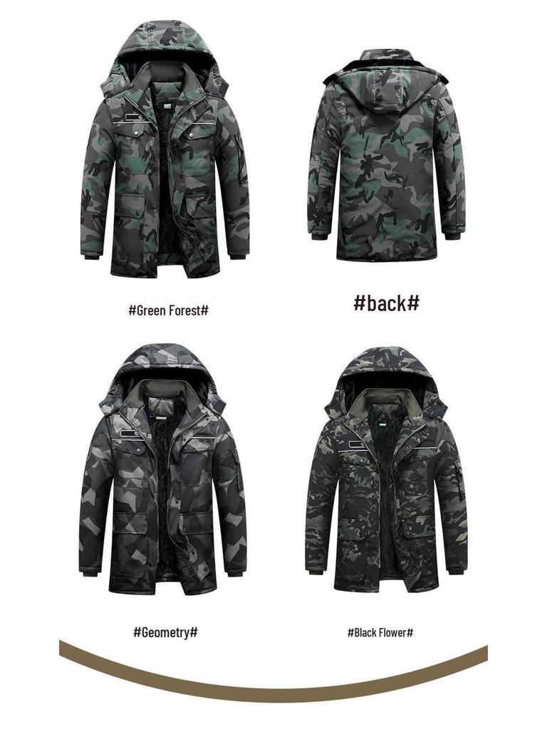 Men's Mid-Length Camouflage Cotton Jacket: Thick, Waterproof, Cold-Proof with Fleece Lining & Reflective Strips for Winter Workwear