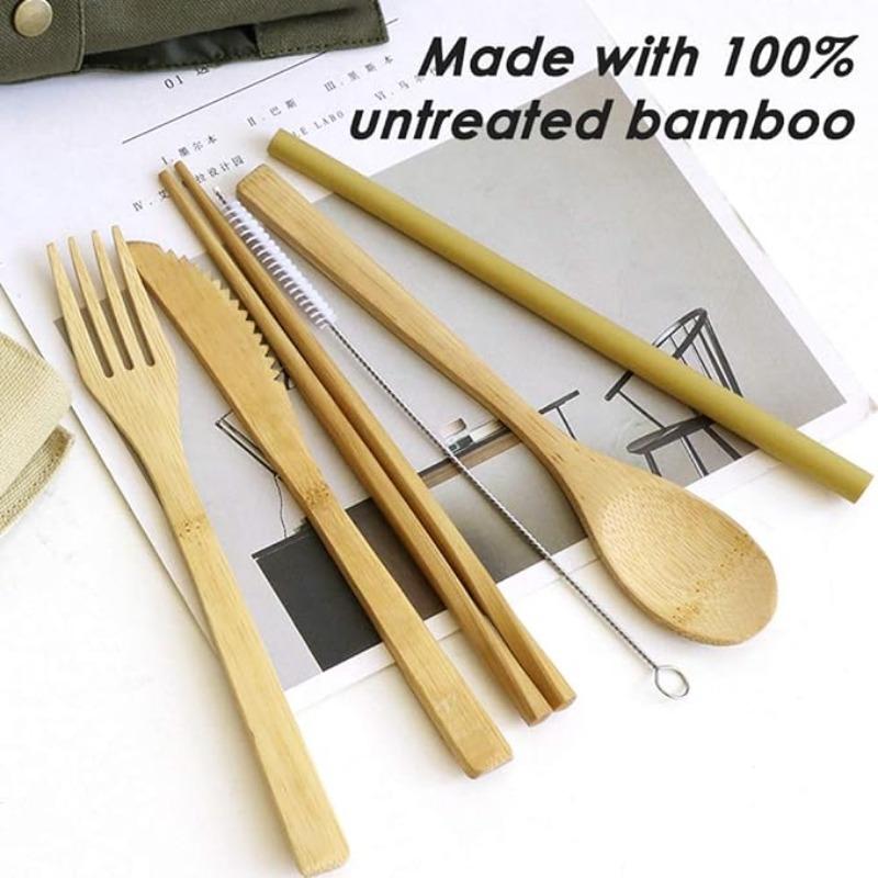 Bamboo Utensils Cutlery Reusable Cutlery Travel Set Bamboo Spoon Fork Knife Brush Chopsticks Straw Portable Utensils with Case