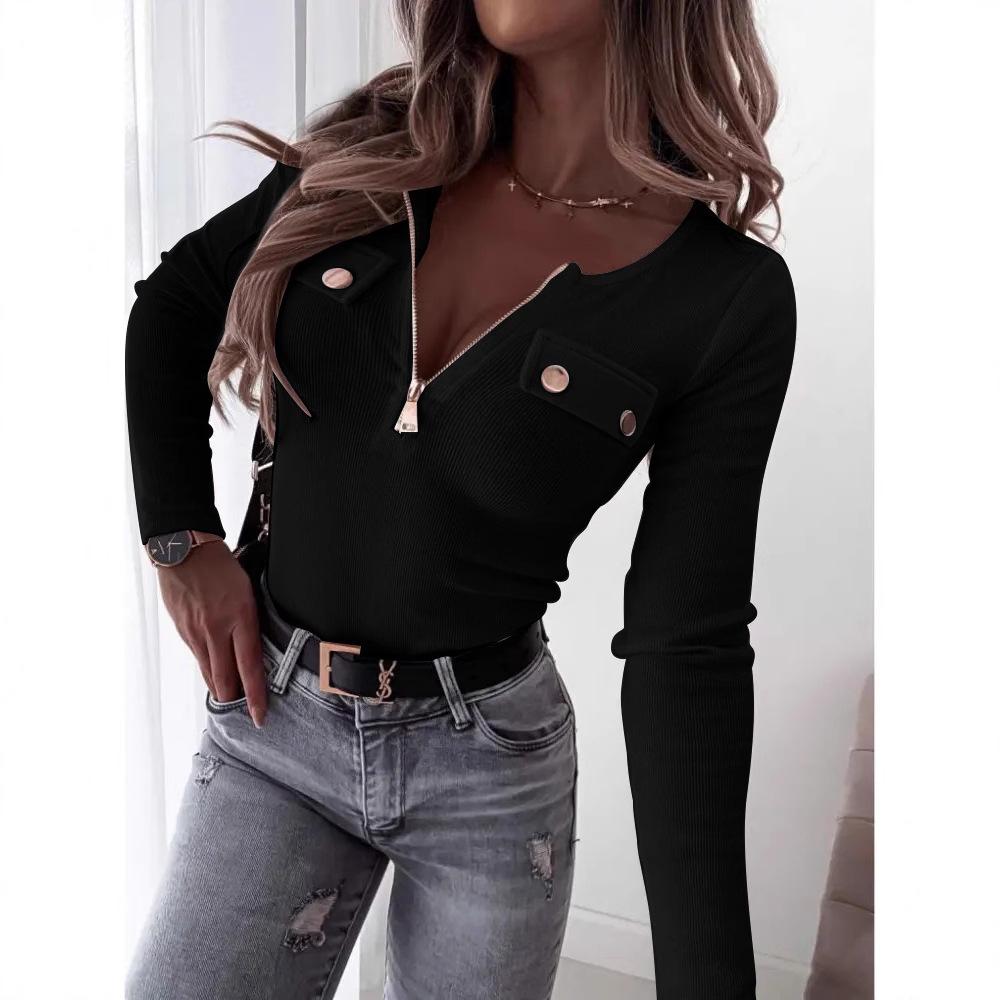 2025 Women's Ribbed Knit Slim-Fit V-Neck Long Sleeve Pullover with Metal Zipper