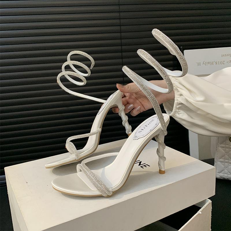 Sandals SummerSocialiteDiamond Thin Belt Snake Wrap Foot FashionHigh Heel Thin Heel Round Toe Open Toe Women's