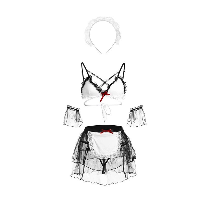 Mesh free sexy lingerie clothes maid uniform maid suit temptation pajamas black and white splicing