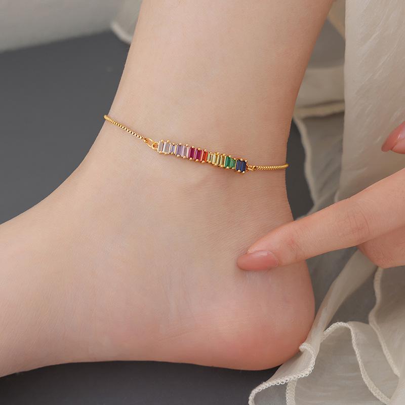Colorful Retro Baroque Zircon Anklet, Titanium Steel, 18K Gold, Non-Fading Hip Hop Jewelry for Women